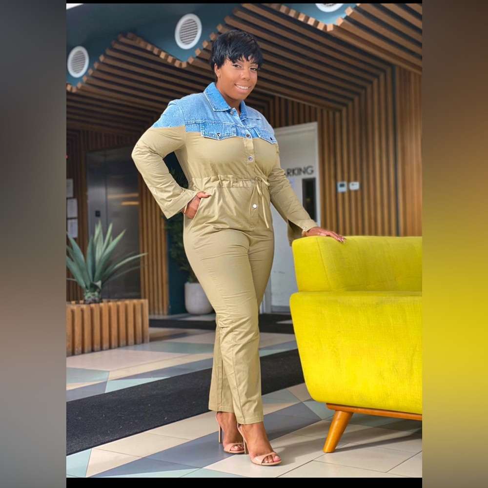 Elegant Blue and Tan Jumpsuit